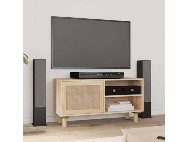 HEFZGDB TV-Schrank Braun 80x30x40 cm Massivholz Kiefer und Natur-Rattan mit 3 Fächern, Stauraum Lösung, Wohnzimmer Möbel, Klassischer TV-Ständer, Medienschrank, Holzwerkstoff,