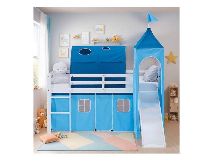 Homestyle4u Hochbett mit Rutsche 90x200 Kinderbett Jungen Kiefer Weiß Blau Treppe Vorhang (Set, mit Lattenrost, Rutsche, Tunnel und Turm) mit Rausfallschutz, Junge Spielbett