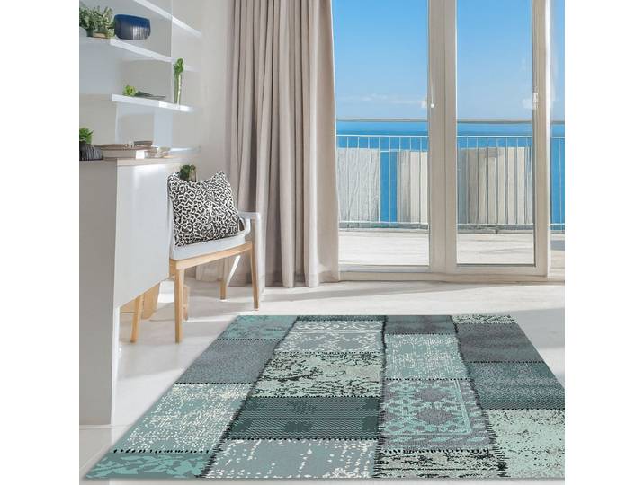 Teppich GOODPRODUCT Garry Gr. 3, blau (türkis), B:120cm H:7mm L:170cm, Jute, Kunstfaser, Teppiche, Teppich, Vintage, Kurzflor, Patchwork-Design, farbenfroh, Wohnzimmer