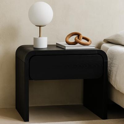 Benjara Cave 26 Inch Nightstand, Curved Side Panel, 1 Drawer, Black Wood Finish.