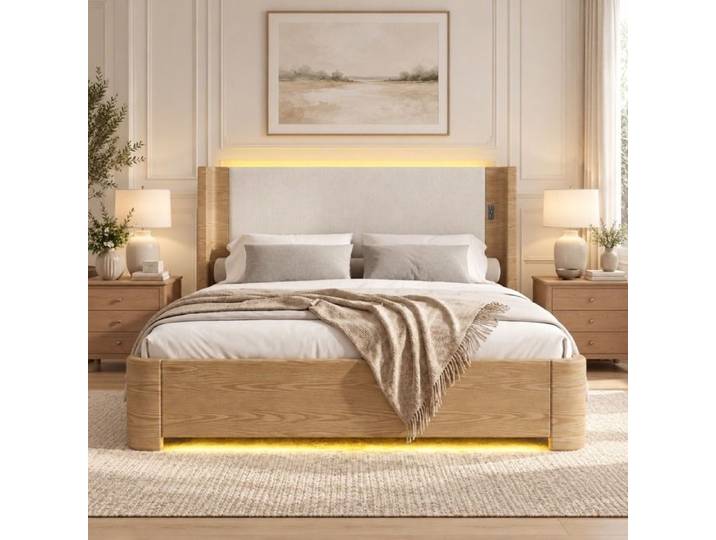 Lit coffre avec Sommier relevable hydraulique et Tête de lit rembourrée - Velours Beige