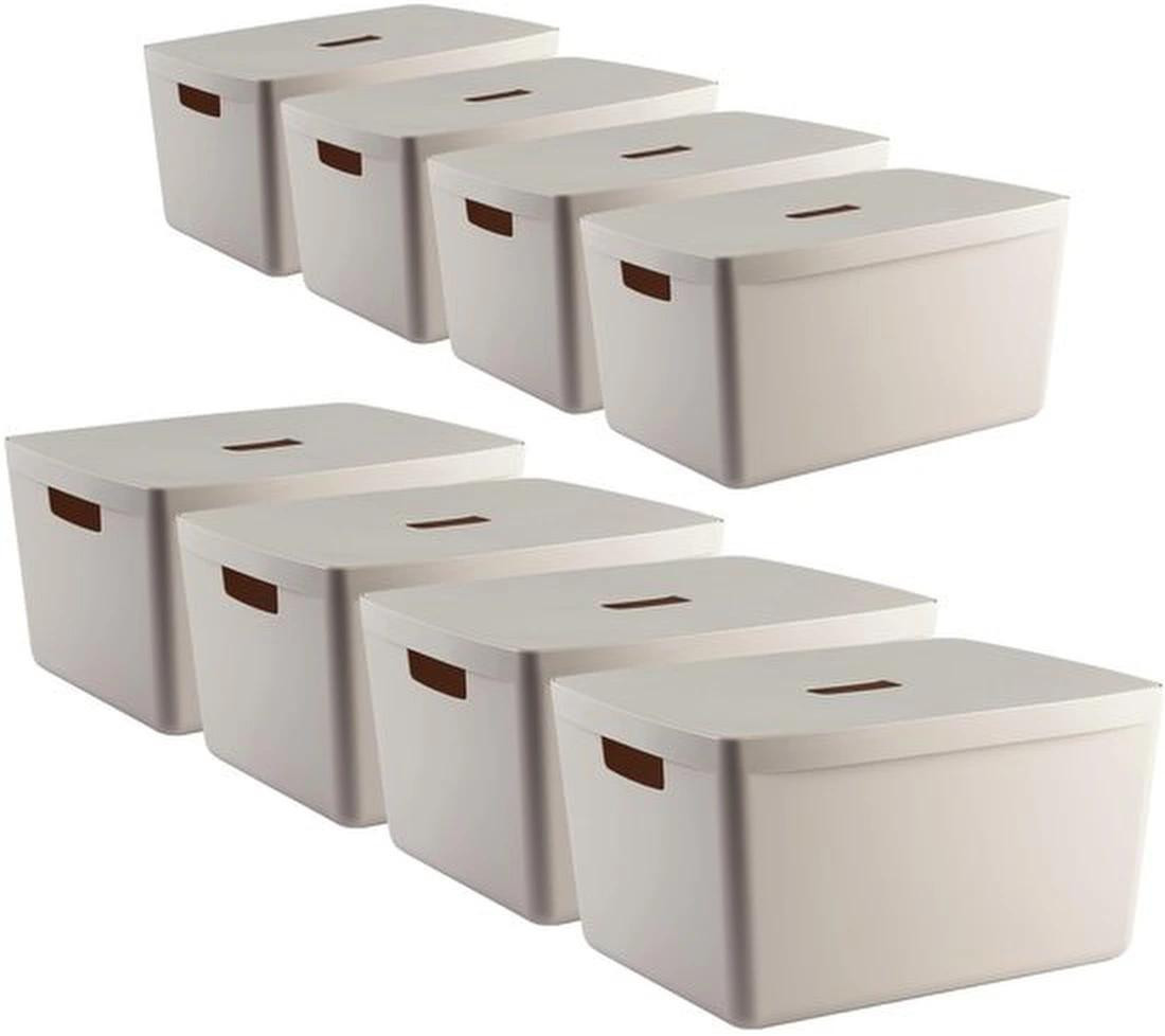 Azomor Set van 8 kunststof opbergboxen met deksel en handvatten, stapelbaar, solid