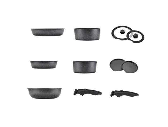 Antihaftbeschichtetes Kochgeschirrset, 11 pieces set Set aus Töpfen und Pfannen mit abnehmbarem für den Einsatz in der Küche, platzsparendes Kochzubehör