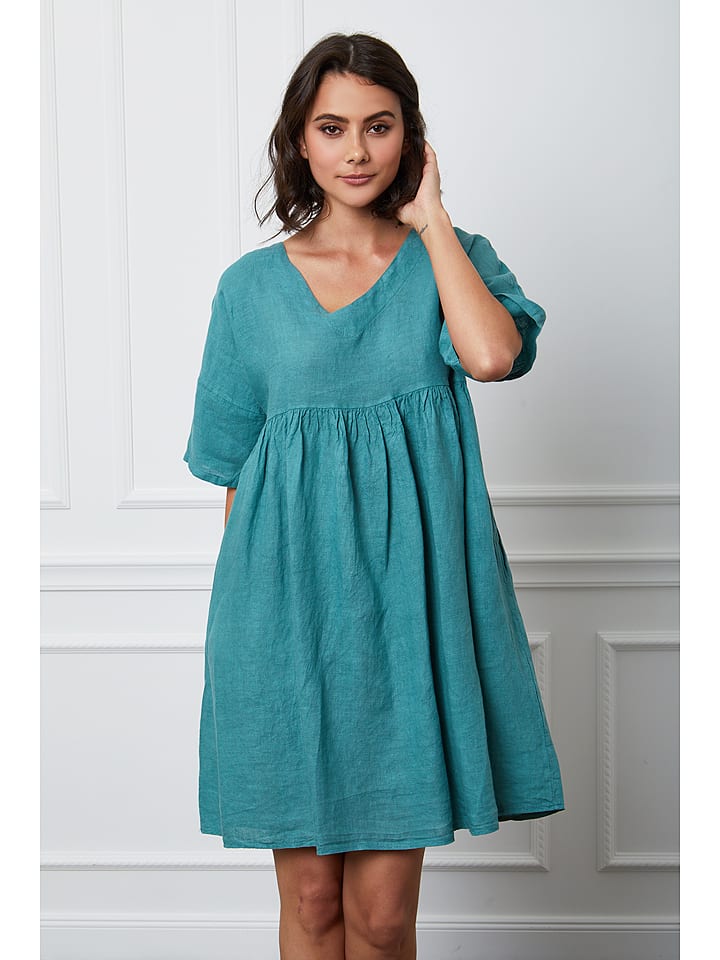 Fleur de Lin Leinen-Kleid "Etsy" in Türkis - XL