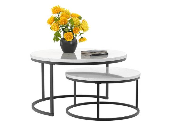 Modfu Couchtisch 2-teiliges Set 80x80x45 + 60x60x33,5 cm Weiß und Schwarz mit Eisenrahmen und MDF-Platte, 80x45x80 cm, Wohnzimmer, Wohnzimmertische, Couchtische