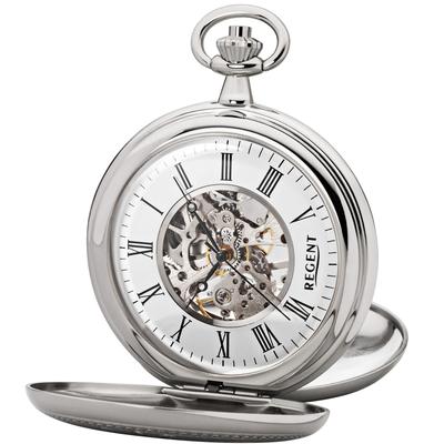 Taschenuhr REGENT "P704-19377740", silber (edelstahlfarben), Taschenuhren, Damen, Taschenuhr, Herrenuhr, Handaufzug, skelettiertes Zifferblatt, Geschenkidee