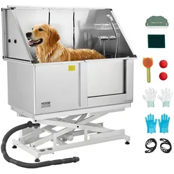 VEVOR Elektrische Hundewaschstation mit Hebefunktion, 127 cm Edelstahl-Tierpflegewanne mit PE-Wasserfilterplatte, Wasserhahn & Duschkopf, Hundebadewanne, Waschbecken für Haustiere (rechte Tür)