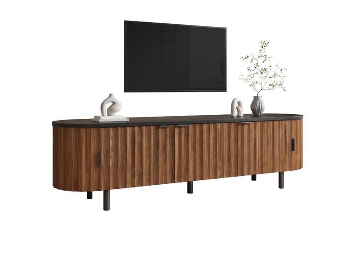 Façade Cannelée en MDF Meuble TV Bas 5 Portes Rangement Spacieux Salon 170cm