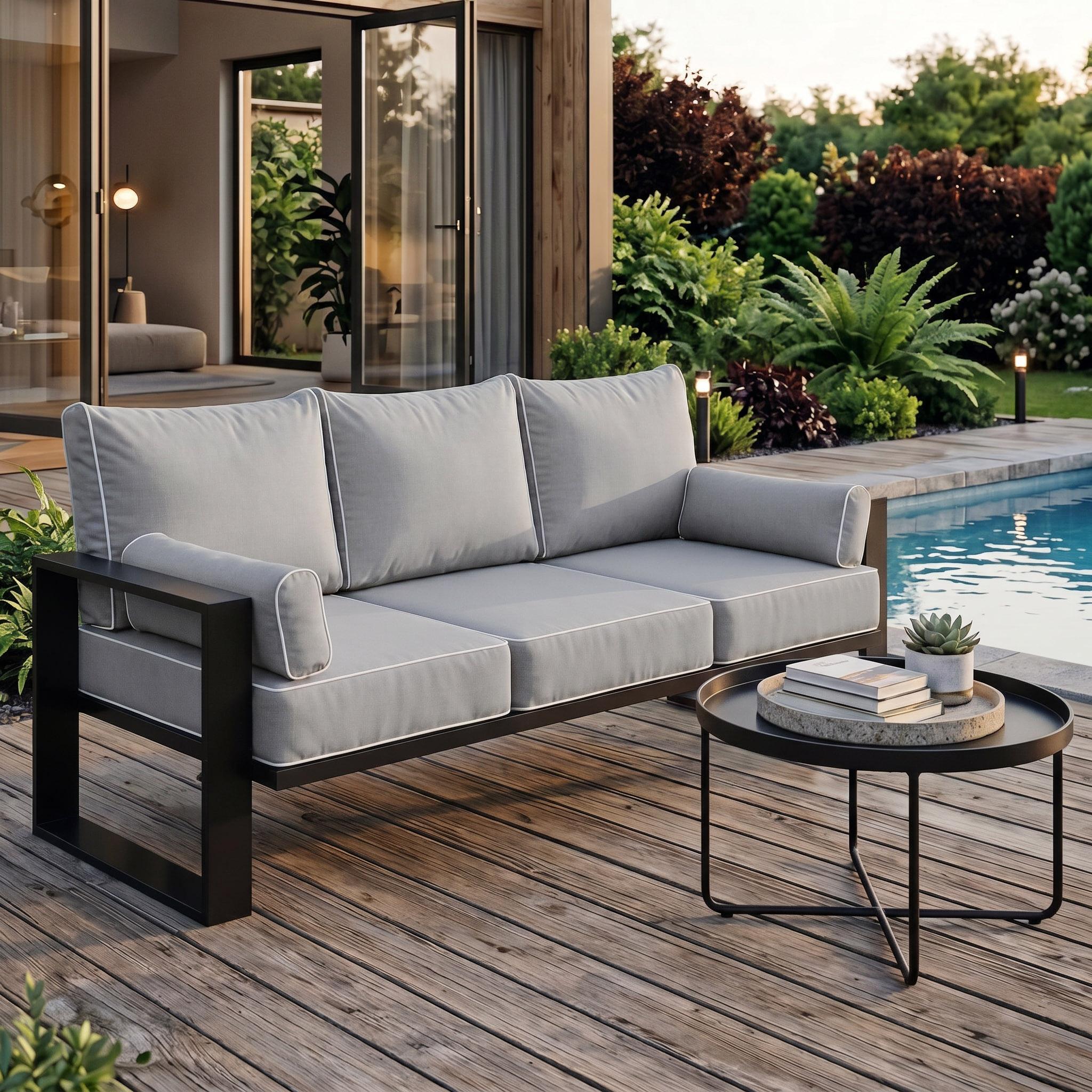 BEAUTYSOFA | VERDINO 3-Sitzer Gartensofa Grau - Garten Lounge Sofa mit Metallrahmen, Outdoor Couch wetterfest, SIMAX 03