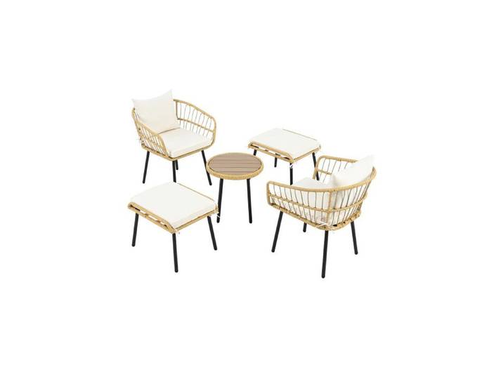 Salon de jardin rotin 5 pièces 1 table + 2 fauteuils + 2 tabourets cadre fer galvanisé imperméable pour terrasse
