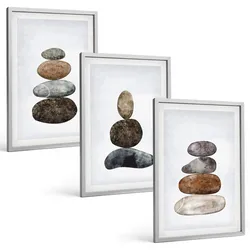 BILDER SET 3er Set - 40x60 cm Silberner Rahmen - Minimalistische Boho-Steine