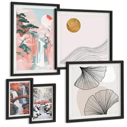 BILDER SET 5er Set - 50x50 cm & 20x30 cm & 40x60 cm Schwarzer Rahmen - Wasserfälle, Brücken, Bäume, Jahreszeiten