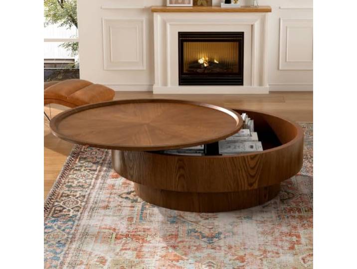 DAXUESEH Runder Couchtisch Mit Stauraum Und Geriffelten Kanten Moderner Runder Trommel-Couchtisch, Runder Holztisch Mit Geriffelten Kanten Aus Massivholz, Für Das Wohnzimmer