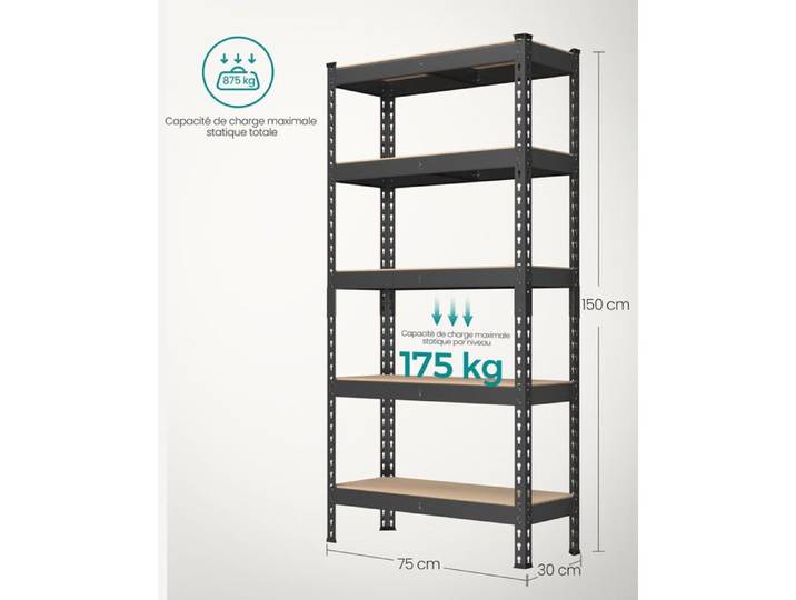 Étagère pour charges lourdes étagère de rangement étagère de cuisine 5 niveaux 30 x 75