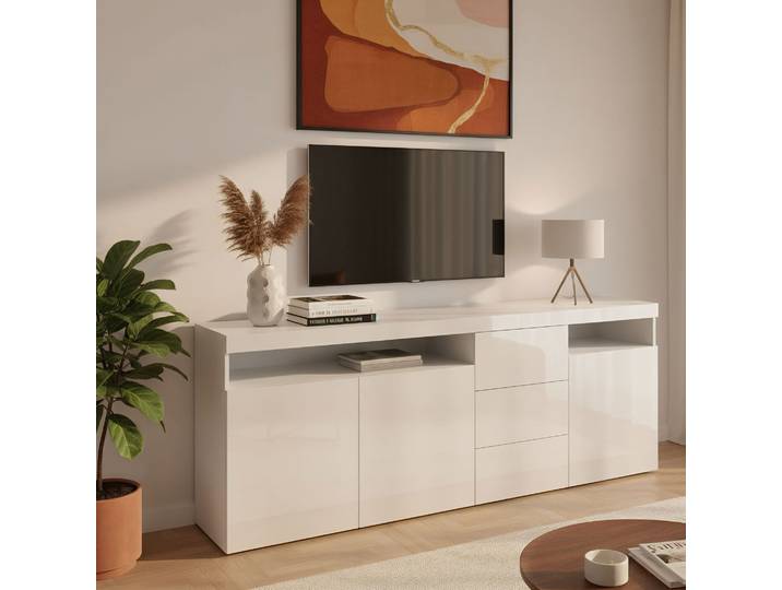 Sideboard BORCHARDT MÖBEL Kapstadt, Kommode mit Push-to-open-Funktion, Hochglanz-Dekor , weiss (weiß, glänzend), B:200cm H:72cm T:35cm, Spanplatte, Sideboards, Sideboard, Breite 200cm mit viel Stauraum, 3 Schubfächern und 3 Türen