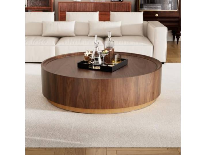 JHKZUDG Runder Couchtisch 90Cm Im Trommel-Design Mit Versteckter Schublade Couchtisch in Trommelform Mit Walnuss-Finish – Einfach Zu Montierender Modern-Tisch Für Kleine Räume Und Apartments