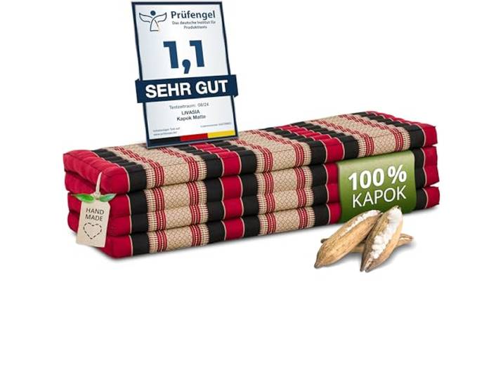 livasia Nachhaltige Klappmatratze Kapok XXL - 200x140x8cm - extrabreite Gästematratze, Faltbare Matratze doppel, ökologische Yogamatte, Gästebett klappbar, Liege Garten Balkon (Rot/Schwarz)