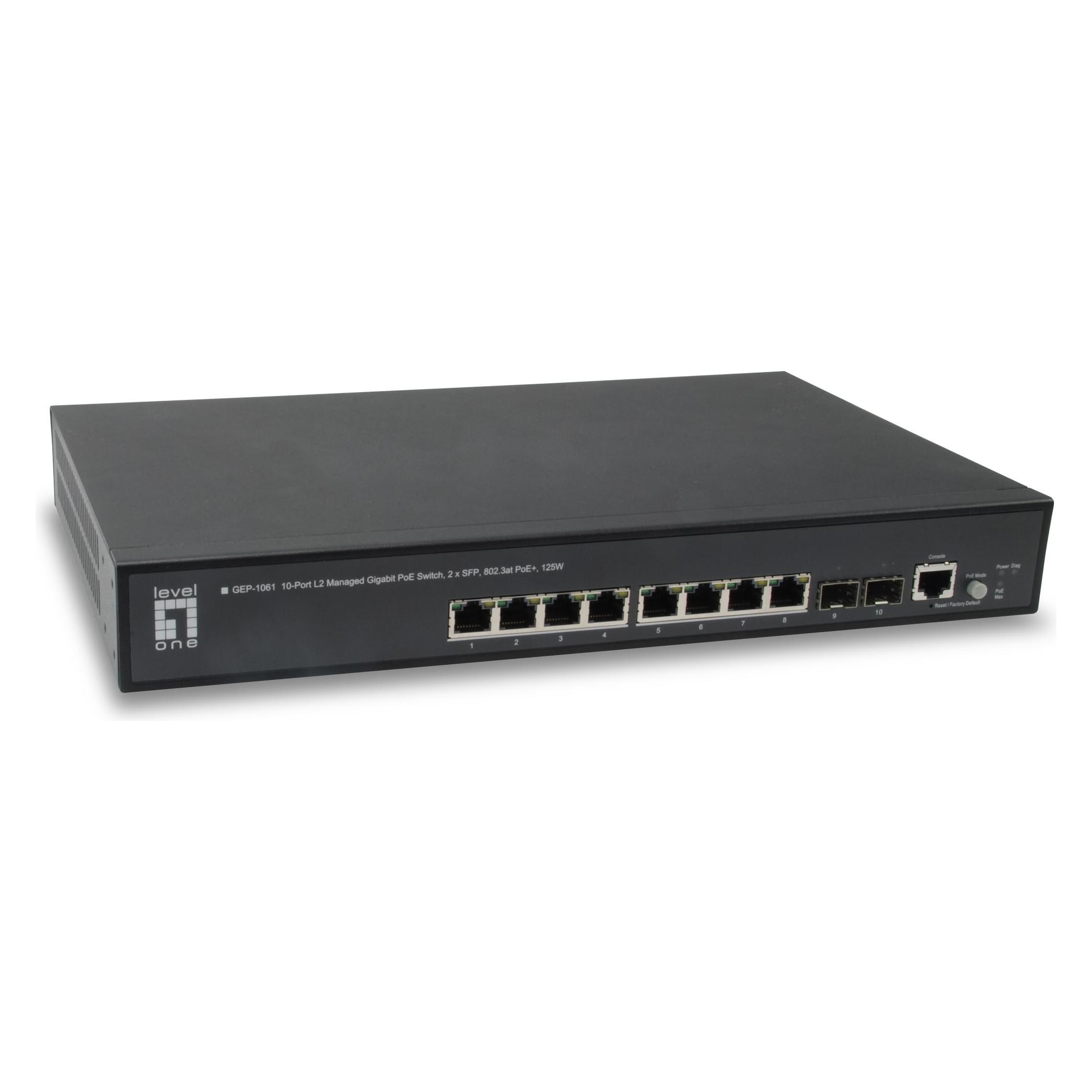 LevelOne GEP-1061 10-Port L2 Managed Gigabit PoE Switch 2 SFP 802.3at PoE 125W (10 Ports) (59910103)