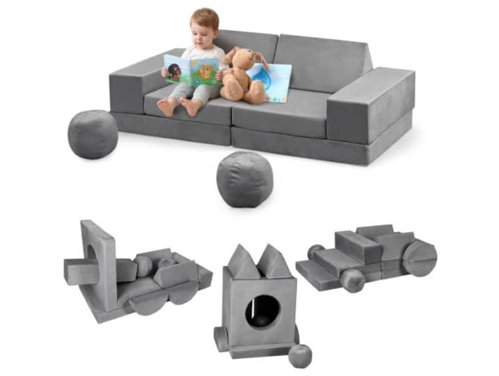 WEJIUAFB Modulares 12-teiliges Spielsofa, waschbare Suede-Bezüge Plüsch Polyester-Suede, hochelastischer Schaumstoff. 12 Module mit Tunnelöffnung, kreativitäts- und motorikfördernd