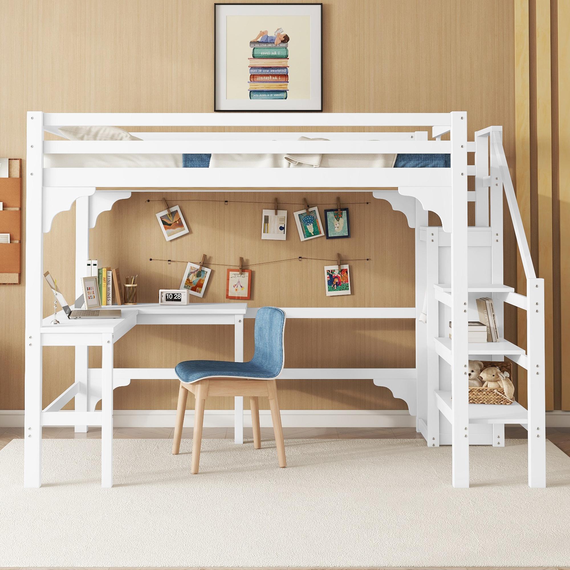 Hochbett, 140 x 200 cm, eleganter L-förmiger Schreibtisch, Kiefernholz, offener Kleiderschrank, minimalistischer Stil, weiß