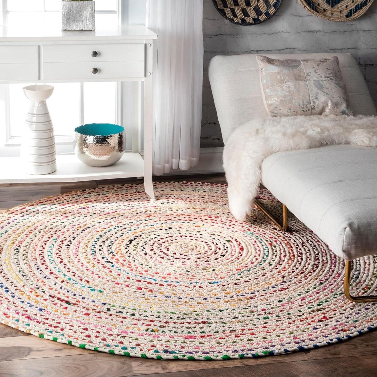 Handgeweven rond katoenen vloerkleed in ivoor met boho design