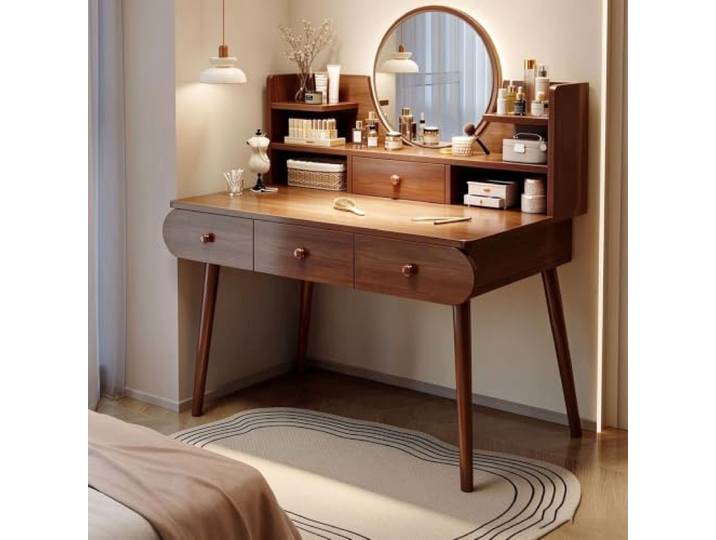 Schminktisch mit rundem Spiegel, Aufbewahrungsregalen und Schubladen Kleiner Schminktisch mit massiven Holzbeinen,abgerundetes Eckdesign,wasserdichte Tischplatte für Schlafzimmer(4 drawers)