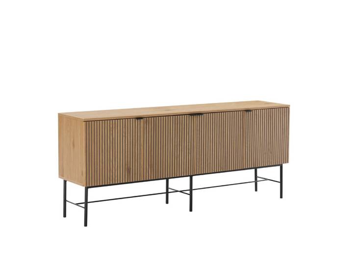 Buffet 4 portes décor effet bois rainuré noir et naturel