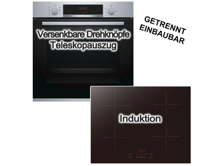 BOSCH Backofen-Set Backofen BOSCH 3D Heißluft Hydrolyse + Induktionskochfeld PKM Booster, mit 1-fach Teilauszug, Hydrolyse