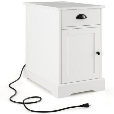 Costway End Table with Charging Station and Flip Top-White