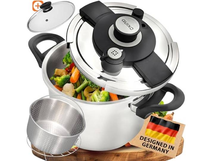 QUIXO Schnellkochtopf 6L VitaSmart Dampfkochtopf Induktion Quicksafe-Verschluss mit Kochsignal, 2 Garstufen (6L + Garkorb & Glasdeckel)