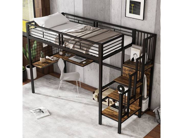 Lit en fer lit superposé lit en hauteur Convient pour enfants et adolescents avec table et armoire échelle latérale avec main c
