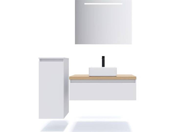 Ensemble salle de bain vasque posée 90cm 1 tiroir Blanc + miroir + colonne gauche - Hudson