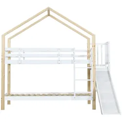 OKWISH Etagenbett aus Massivholz und MDF Weiß/Natur 245x164x223 cm mit Rutsche, Hausdesign