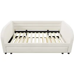 OKWISH Polsterbett aus Flanell in Beige 90x200 cm, Gewerblich geeignet, mit Ausziehbett, LED-Beleuchtung und stabiler Konstruktion