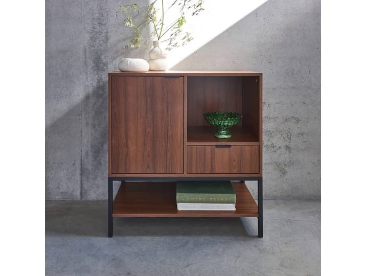 Buffet décor noyer 1 porte 1 tiroir 2 étagères