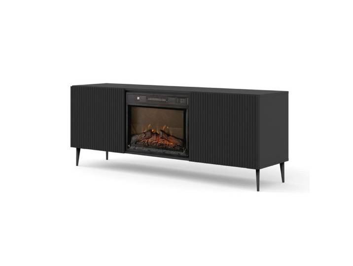 Meuble TV avec cheminée électrique Ravenna B 170 cm 2 portes rainurées - noir mat