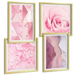 BILDER SET 4er Set - 50x50 cm & 40x60 cm Goldrahmen - Rosa geometrische Pfingstrosen