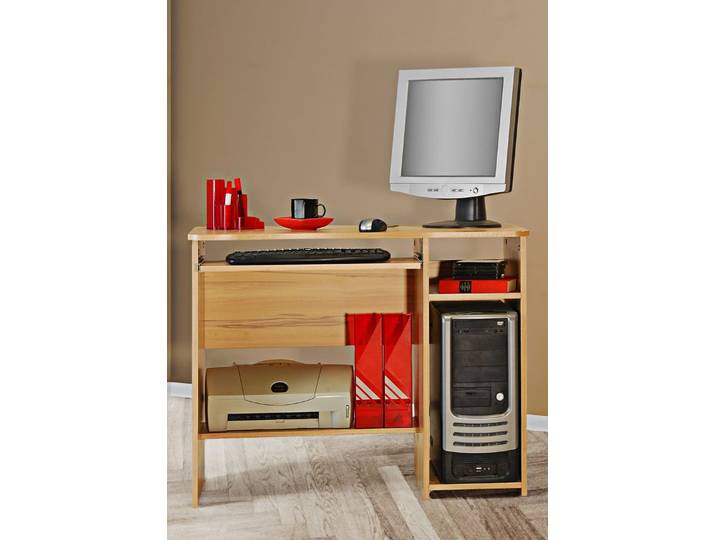 Schreibtisch VOGL MÖBELFABRIK Sam , beige (kernbuchefarben), B:91cm H:72cm T:50cm, Tische, Schreibtisch, mit Tastaturauszug & Towerfach, geschwungene Tischplatte, Breite 91 cm
