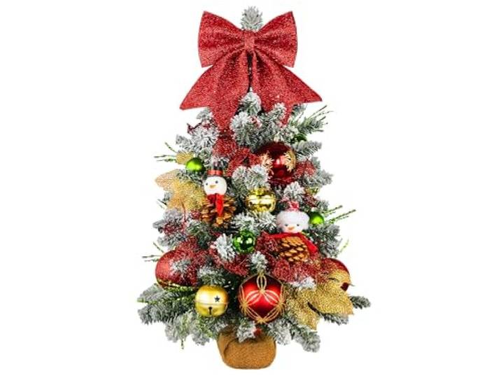 LAALU Künstlicher Weihnachtsbaum 60 cm mit LED-Beleuchtung – SCHNEEMANN – mit 31 Weihnachtsbaumschmuck – Pflanztopf mit Jutesack