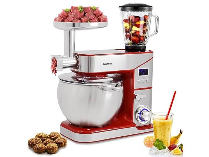 Syntrox Küchenmaschine Rot Edelstahl 10 Liter Küchengerät & Fleischwolf, Leistungsstarke Rührmaschine, 2000W, Multifunktionale Küchenmaschine, Edelstahlschüssel