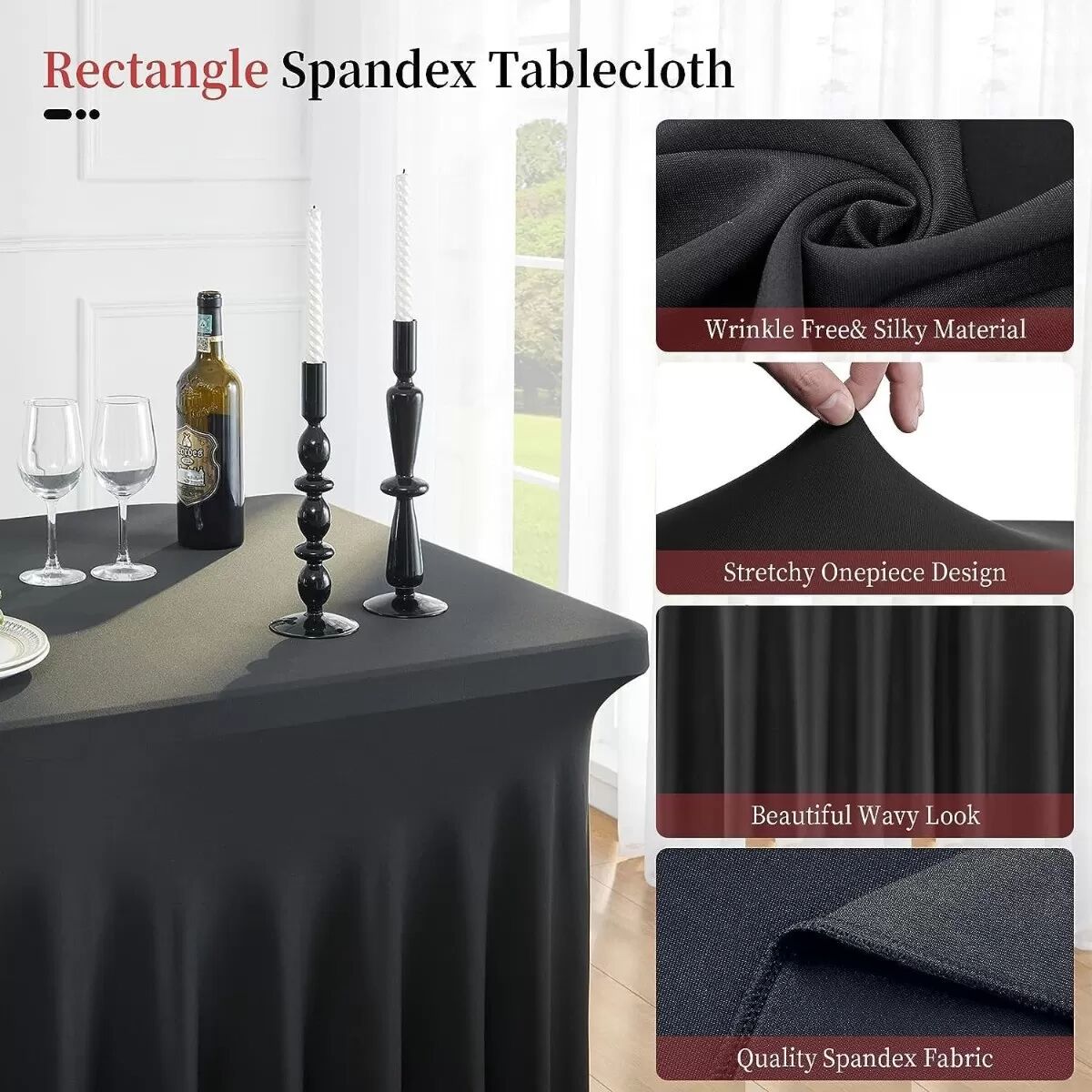 INF Schwarzer Quallentischrock 183 cm - Elastische rechteckige Polyester-Tischdecke