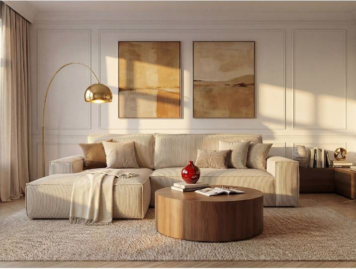 Ecksofa mit Schlaffunktion - Ecke Links - Cord - Beige - AMELIA