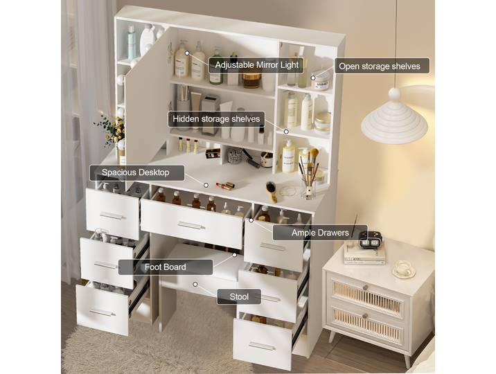Ensemble de bureau de vanité avec lumières LED, miroir de maquillage, coiffeuse et tabouret, 10 étagères