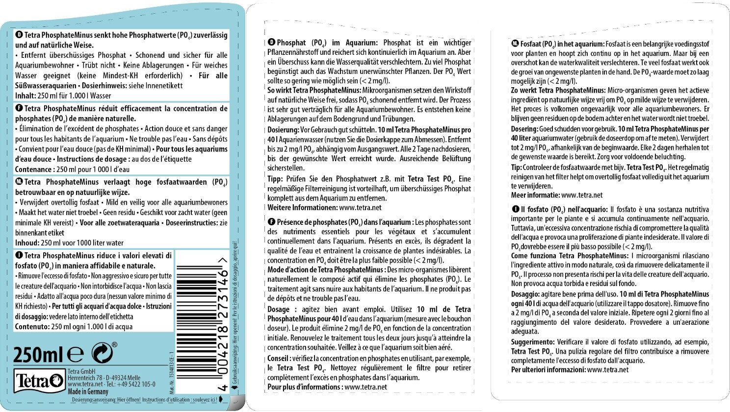 250 ml Tetra PhosphateMinus Riduce i Valori di Fosfato PO4 in Acquario d'Acqua Dolce