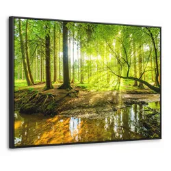 LEINWAND Bilder mit Rahmen - Wald - Landschaft - Wasser - Bäume - Sonne - Grün - Natur - 80x60