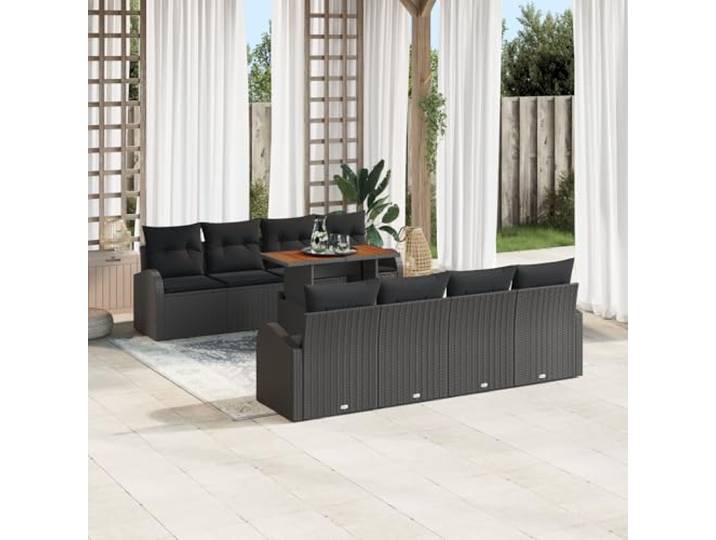 HEFZGDB 9-teiliges Garten Esszimmer-Set aus Poly-Rattan mit Akazie Tischplatte und 6 Kissen Schwarz für Terrasse Veranda Outdoor