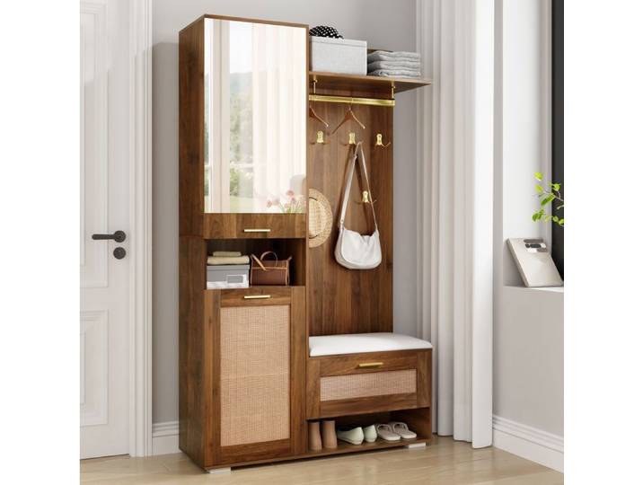 WOVREO Vestiaire d'entrée 110x38x190 cm avec miroir banquette rangement à chaussures LED 16 couleurs