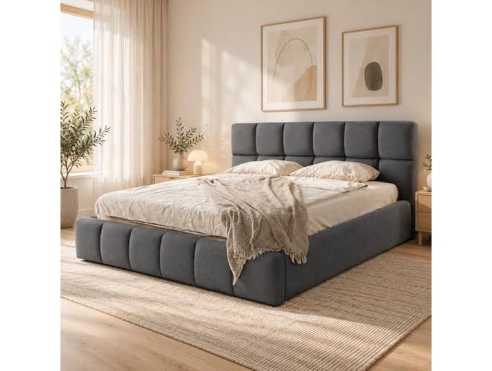 Home Collective Polsterbett mit Bettkasten und Lattenrost Dunkelgrau Lattenrost mit 48 Leisten & Gasdruckfedern, pet-proof Polsterstoff, Kassettensteppung 140x200 cm