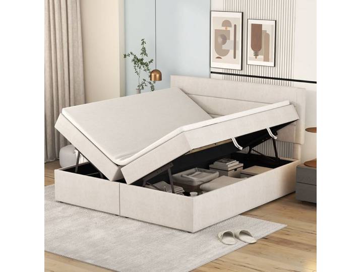 Lit rembourré 200x140cm lit double avec grille de cadre métallique grand espace de rangement beige