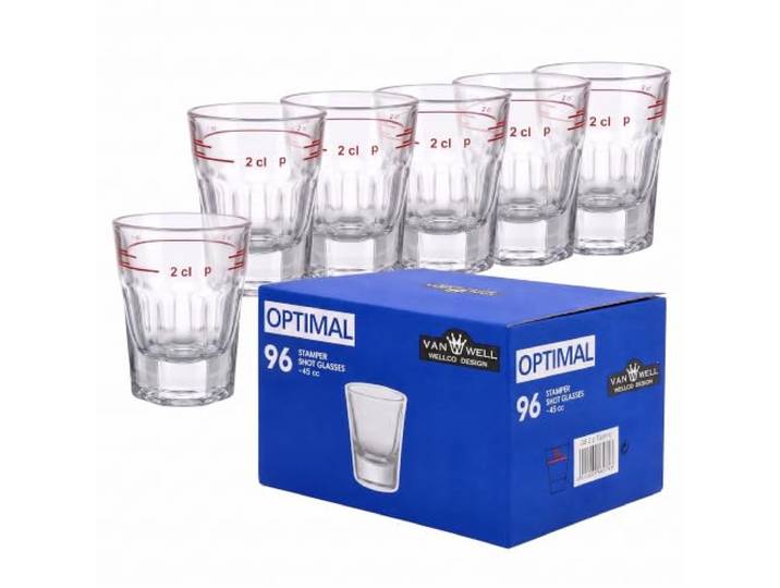 Van Well Schnapsgläser Lahnstein 2 cl, 96er Set, geeichte Shotgläser 9-kantige Spirituosengläser mit rotem Eichstrich, dickwandigem Glas & spülmaschinengeeignet – Ideal für Bar, Gastro & Party